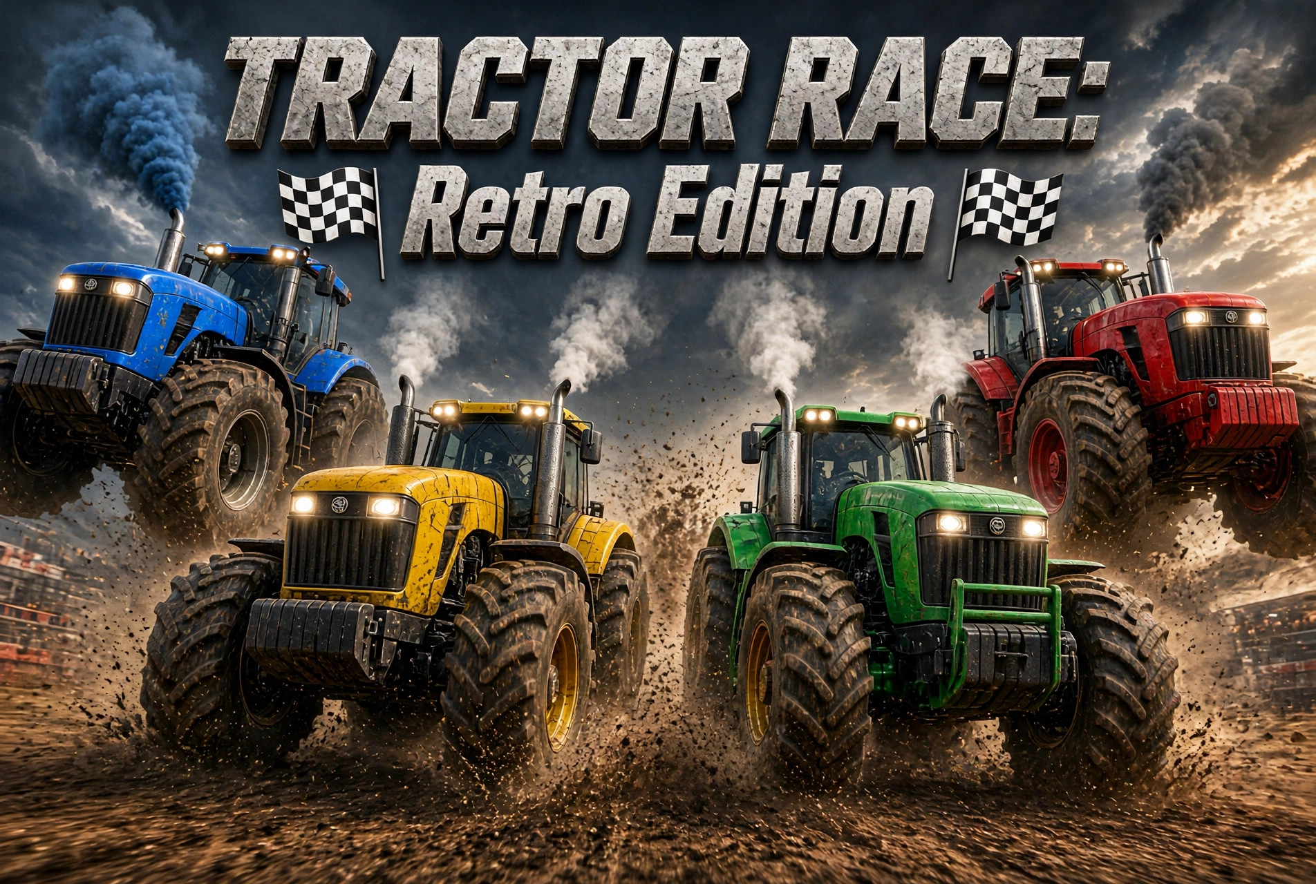 Four tractors racing through mud beneath the title Tractor Race: Retro Edition, flanked by two black-and-white checkered flags